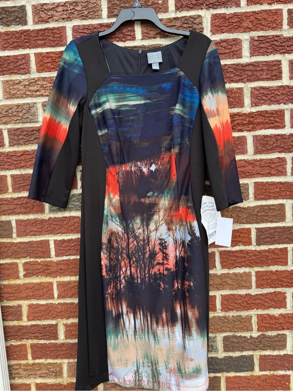 Multicolor Abstract Forest Print Sheath Dress - Black Paneling